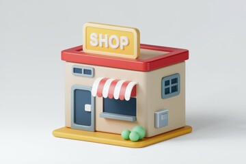 Aufkleber - A 3D model of a small store with a yellow sign.
