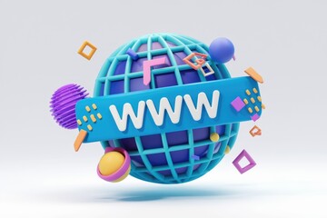 Aufkleber - A 3D globe with the word www  surrounded by colorful shapes.