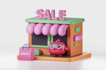 Poster - A cute cartoon store with a sale sign and a shopping bag.