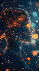 Aufkleber - A digital silhouette of a human head filled with glowing connections and bokeh lights.