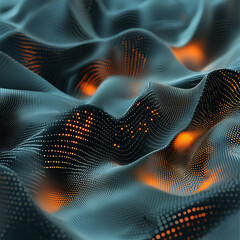 Fototapete - Abstract Waveform with Glowing Orange Particles. A mesmerizing abstract image of undulating waves and lines, resembling a digital landscape or data visualization.
