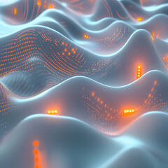 Fototapete - Abstract Waveform with Glowing Orange Particles. A mesmerizing abstract image of undulating waves and lines, resembling a digital landscape or data visualization.