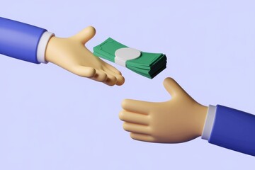 Poster - 3D cartoon hands exchanging money  symbolizing a financial transaction.