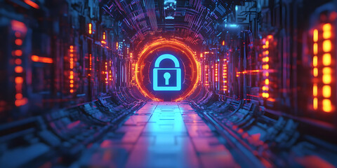 Aufkleber - A futuristic tunnel featuring a glowing lock symbol, representing security and technology.