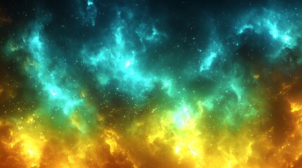 Wall Mural - Abstract cosmic nebula with vibrant teal, green, and orange hues.