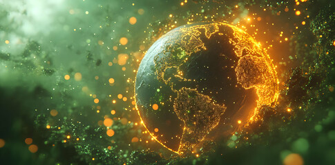 Poster - A glowing representation of Earth surrounded by ethereal particles and a green atmosphere.