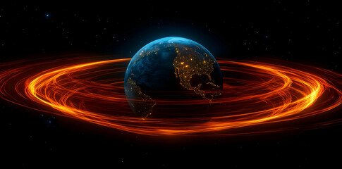 Poster - A digital depiction of Earth surrounded by glowing energy waves in space.