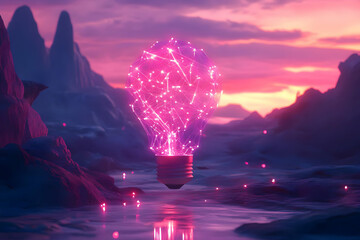 Poster - A glowing light bulb filled with vibrant particles, set against a surreal landscape at sunset.