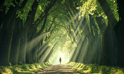 Wall Mural - woman walking on sunlit path through lush green trees