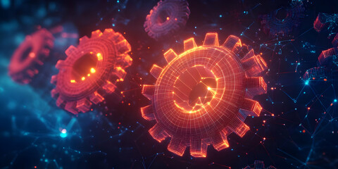 Aufkleber - A digital illustration of glowing gears symbolizing technology and innovation.