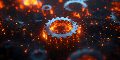 Aufkleber - A digital depiction of gears glowing with fiery elements, symbolizing technology and innovation.