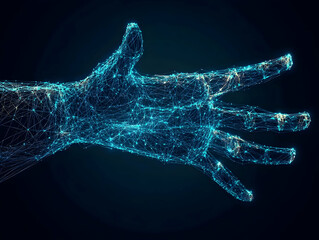 Poster - A digital representation of a hand, composed of interconnected lines and nodes.