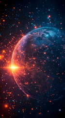 Poster - A vibrant digital representation of Earth surrounded by cosmic elements and glowing particles.