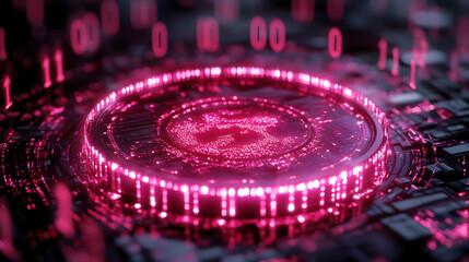 Poster - A high-tech digital representation featuring glowing pink binary elements and a circular design.