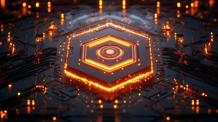 Aufkleber - A glowing hexagonal pattern with intricate circuitry, suggesting a technological theme.