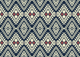 Wall Mural - Ethnic abstract ikat art vector illustration in geometric diamond pattern, blue, cream, red tones for background. Textile design Interior work fashion design