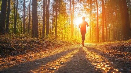 Wall Mural - A runner runs toward the setting sun in a forest path.