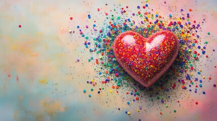 Poster - A vibrant heart surrounded by a burst of multicolored confetti on a light pastel surface.