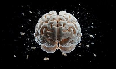 Poster - Exploding brain with debris, showcasing intricate neural structure and dynamic motion, black background