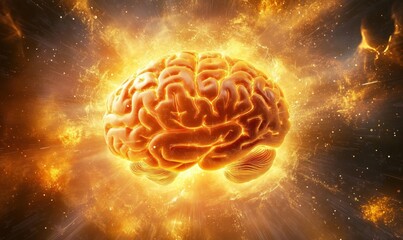 Poster - Illuminated brain with explosion effect, vibrant colors, abstract representation of intelligence and creativity