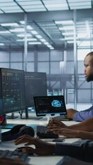 Poster - vertical video woman putting headphones on in server room, developing disaster recovery plans ensuri