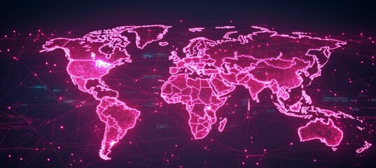 Aufkleber - Glowing pink earth world map. Global earth atlas. Generative AI technology.