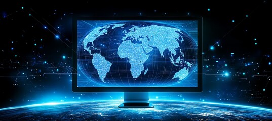 Aufkleber - World map on computer screen. Global internet network telecom and communication. Generative AI technology.