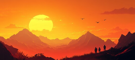 Wall Mural - silhouette of traveler mountain canyon on sunset or sunrise scene. generative ai technology.