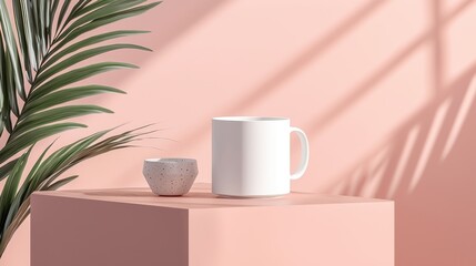Poster - Modern Minimalist Mockup of Coffee Mug and Decorative Bowl on a Pink Background