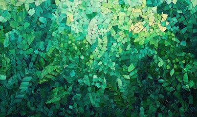 Poster - Abstract green mosaic pattern, vibrant shades of green, textured leaves, layered design, artistic representation of nature