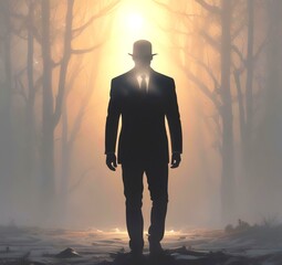 Illustration of man in suit silhouette with dramtaic background.