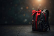 © Cozy Coffee Bar - Backpack with red bow on wooden floor symbolizing back to school gift