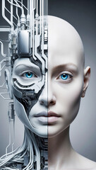  - Close-up of a stylized humanoid face, half human, half robot. Artificial intelligence concept.
