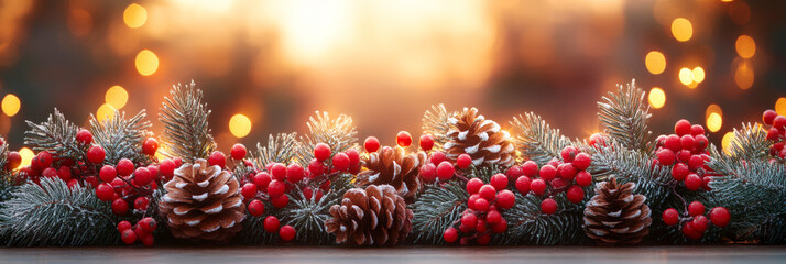 Wall Mural - A beautiful Christmas garland with frosted pinecones and red berries, set against a warm, glowing background. Perfect for holiday celebrations and festive décor themes.