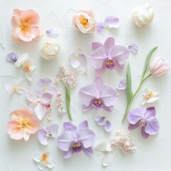 Aufkleber - An artistic display features delicate orchids alongside various soft flowers, all set against a light background, highlighting their vibrant colors and intricate shapes.