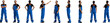 © master1305 - Collage. Man, construction worker in vibrant blue overalls and black shirt, pictured in variety of standing and gesturing positions isolated on transparent background. Front, side, and back view