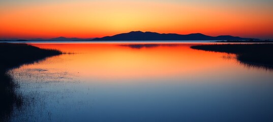 Wall Mural - lake evening dawn sunset. generative ai technology.