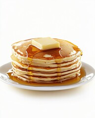 Poster - Fluffy pancakes are stacked high on a white plate, each layer perfectly golden and enticing.