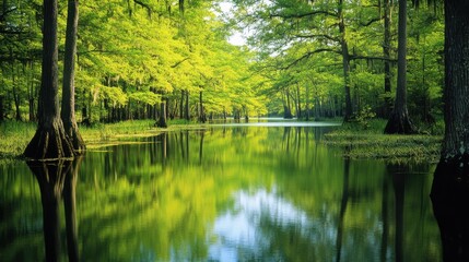 Aufkleber - The landscape showcases vibrant green trees reflecting on the still waters of Lake Chicot, creating a peaceful atmosphere perfect for relaxation and nature appreciation.
