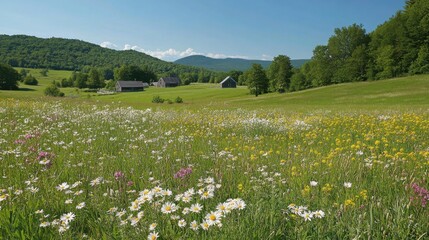 Poster - Bright blossoms cover the lush meadows under a clear blue sky, with rolling hills and quaint homes in the background, creating a peaceful, idyllic landscape.