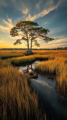  The golden hour casts a warm glow over the marshlands at Capers, emphasizing the lush grasses and a solitary tree standing near the calm waters, creating a peaceful atmosphere.
