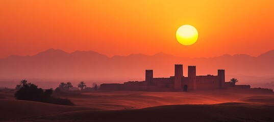 Wall Mural - a castle fortress at sunset or sunrise scene. generative ai technology.