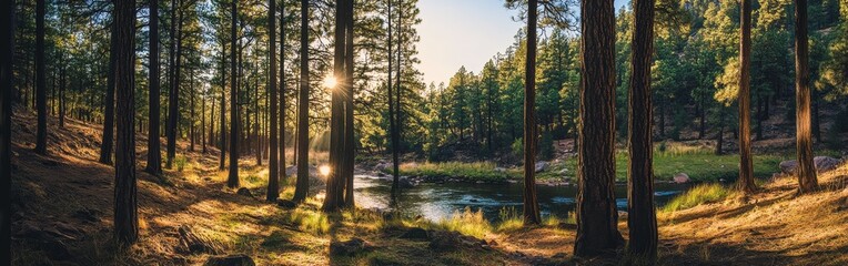 Poster - Morning light cascades through tall pine trees, illuminating the lush undergrowth and a peaceful stream in Tonto National Forest, creating a tranquil atmosphere.