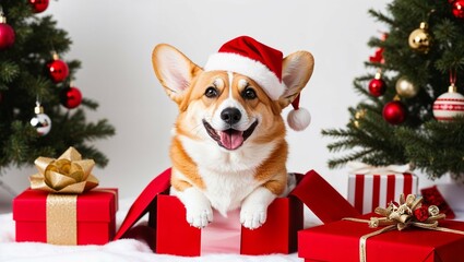 Wall Mural - Santa Claus, a jolly figure in a red suit, delivers Christmas gifts beneath a beautifully decorated Christmas tree