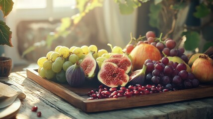 Poster - The setting features a wooden table displaying an assortment of fresh fruits including figs, grapes, apples, and pomegranates, illuminated by soft afternoon light.