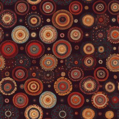 Poster - This design showcases a seamless array of circular motifs in various colors and patterns, set against a deep background. Perfect for fabric or wallpaper applications.