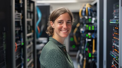 Poster - Smiling woman standing among server racks in a data center during a bright workday