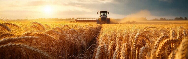 Poster - The sun sets over a Kansas wheat field, casting a golden hue while a tractor moves through the tall stalks, gathering the ripe crop in a picturesque rural landscape.