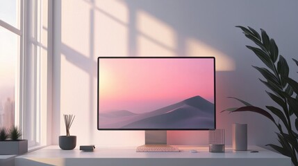 Poster - Modern Workspace with Computer Displaying Smooth Gradient Landscape in Bright Natural Light