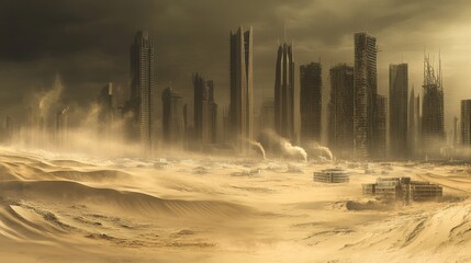 Aufkleber - Dubai's sprawling skyline towers over vast, soft sand dunes, illuminated by the warm glow of dusk, creating a mesmerizing contrast between urban life and nature.